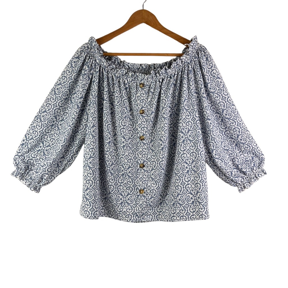 MELLODAY Blue Elastic Neckline Blouse Size X-Large